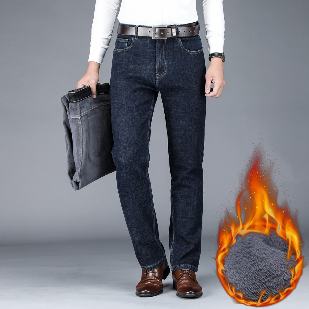 Winter Warm Classic Denim Straight Fleece Trousers