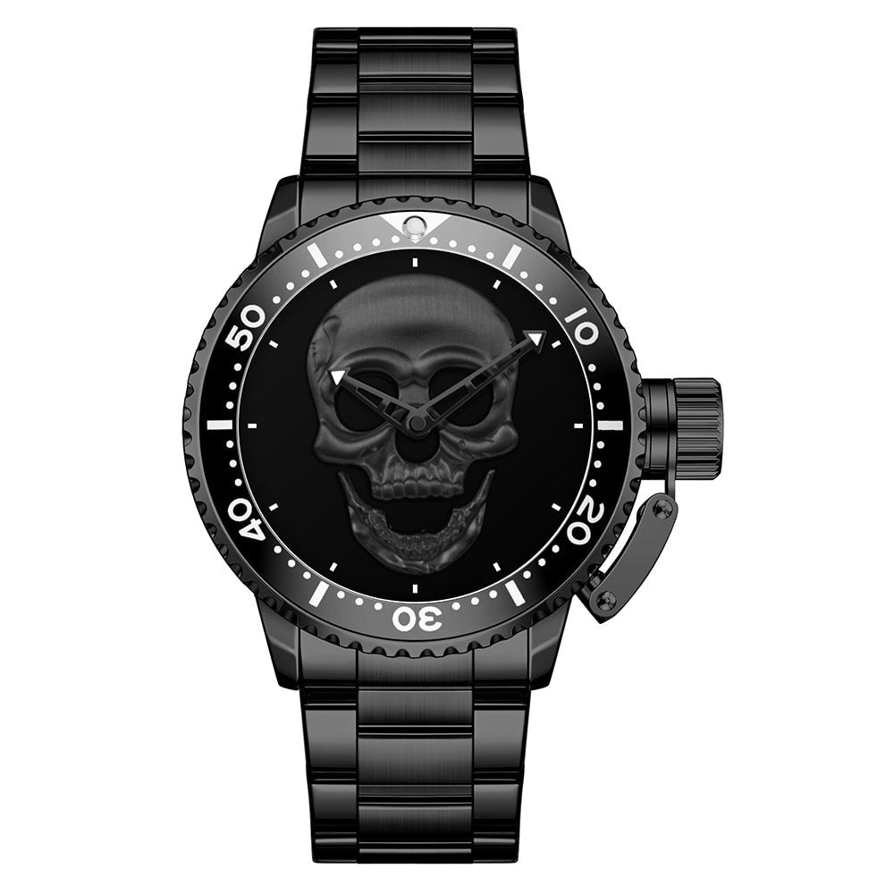 3D Skeleton Skull Unidirectional Bezel 30M Waterproof Watch