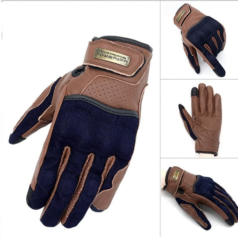 Cowboy Leather Denim Motorcycle Gloves