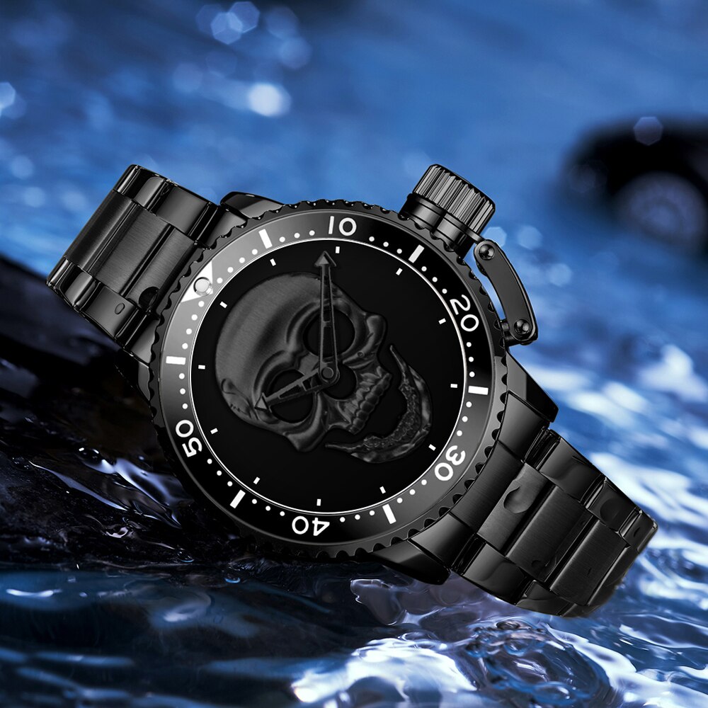 3D Skeleton Skull Unidirectional Bezel 30M Waterproof Watch