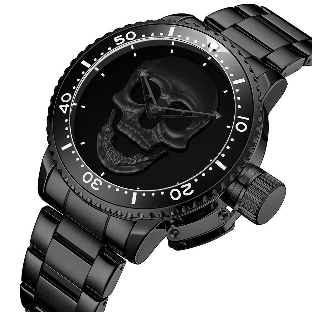 3D Skeleton Skull Unidirectional Bezel 30M Waterproof Watch