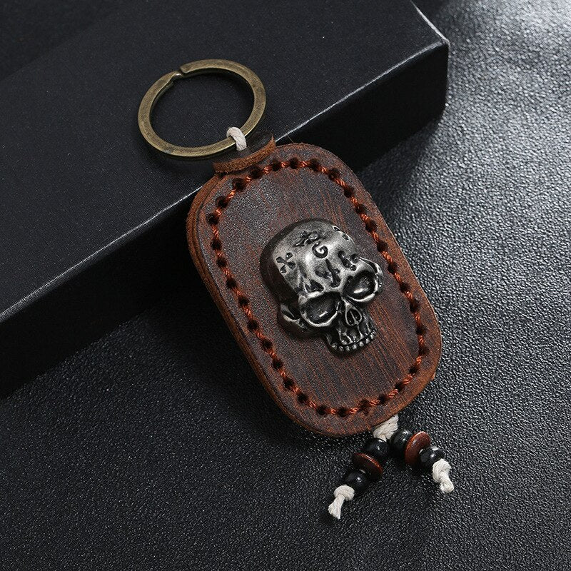 Vintage Double Layer Skull Leather Keychains