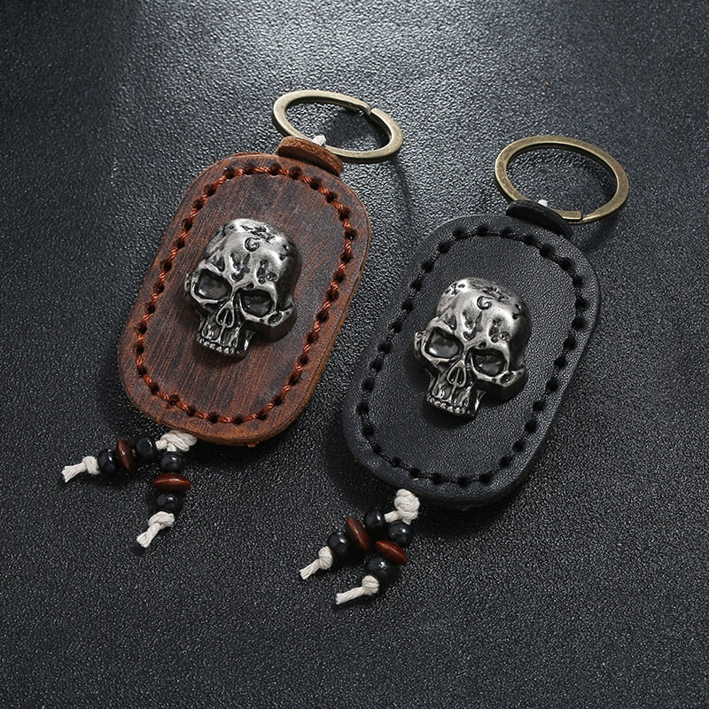 Vintage Double Layer Skull Leather Keychains