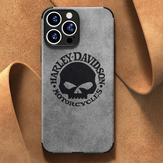 H D Skull Logo Engraved Leather Cover For All iPhone