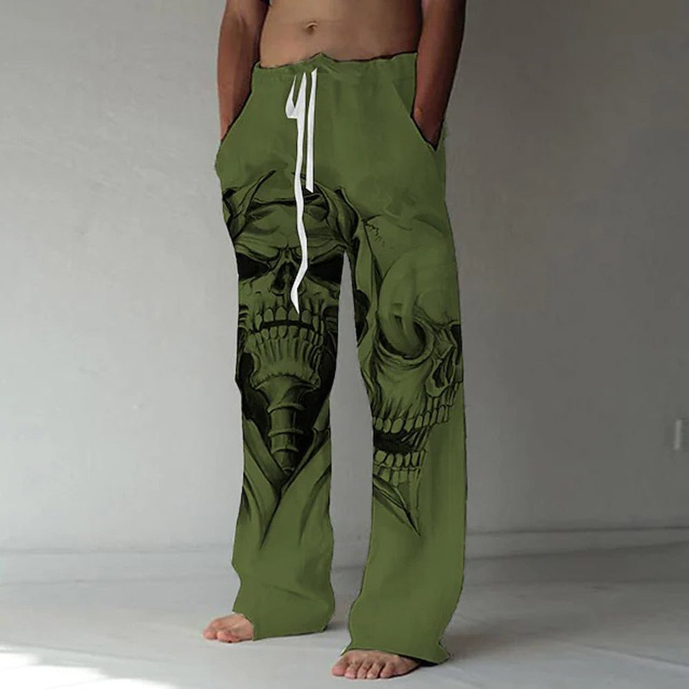 3D Print Elastic Drawstring Skull Design Straight Trousers