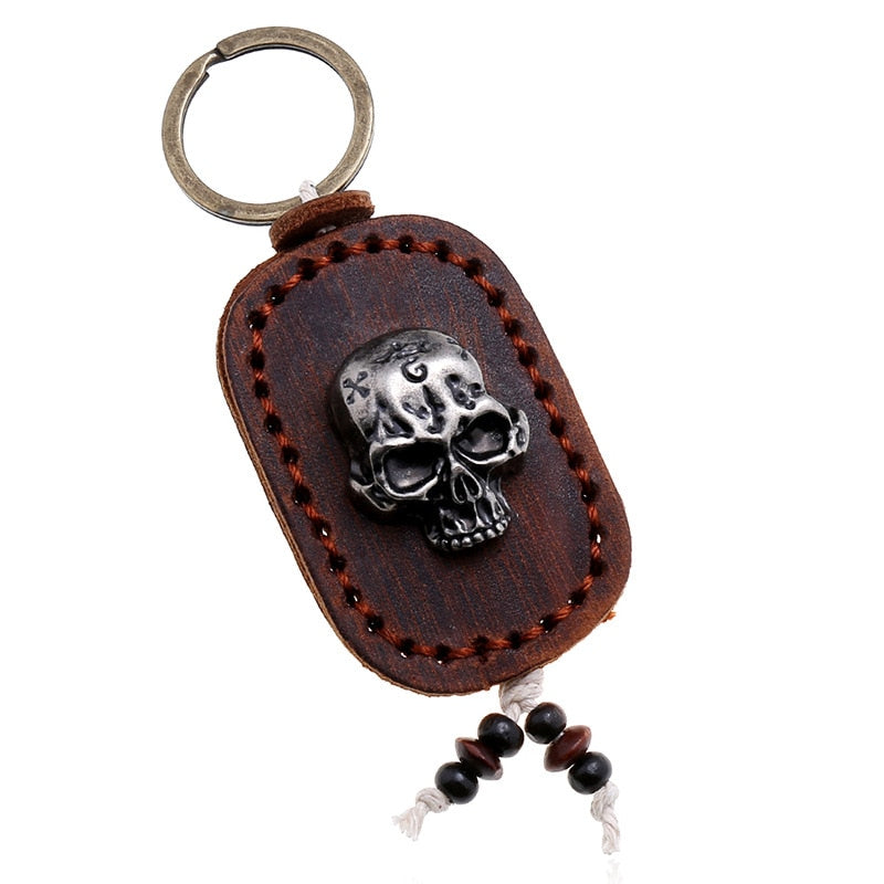 Vintage Double Layer Skull Leather Keychains