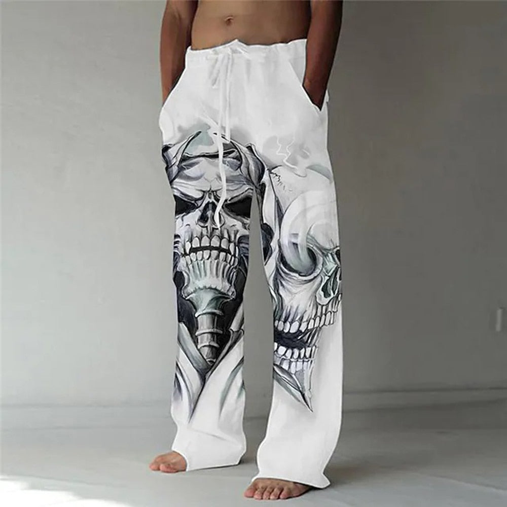 3D Print Elastic Drawstring Skull Design Straight Trousers