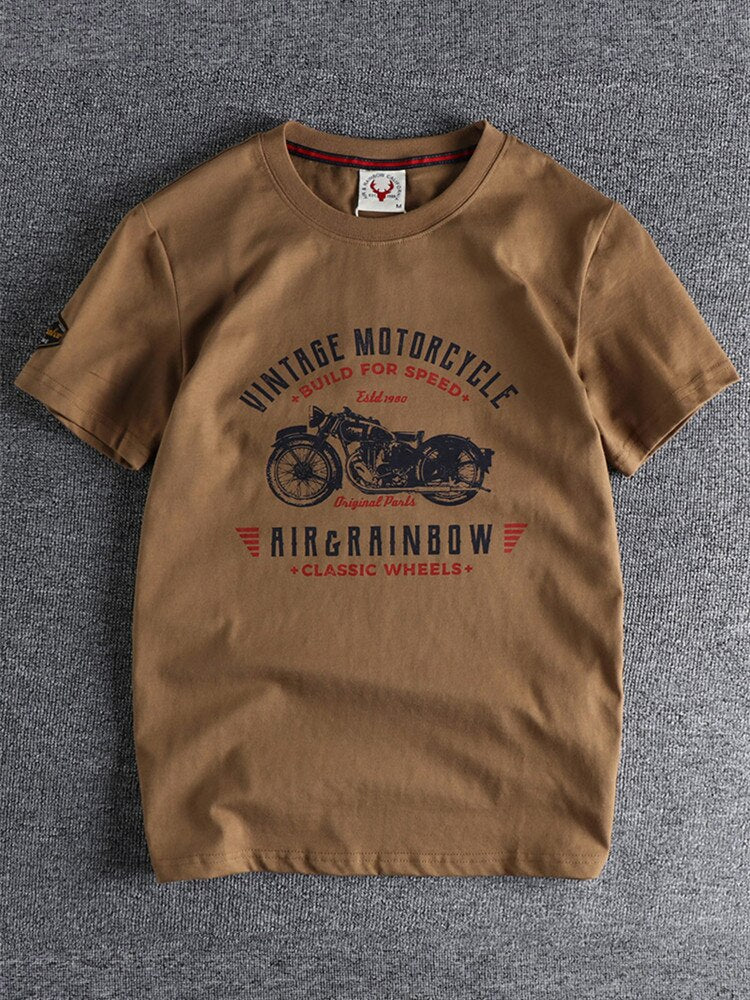 Retro Motorcycle Printed Washed T-shirt