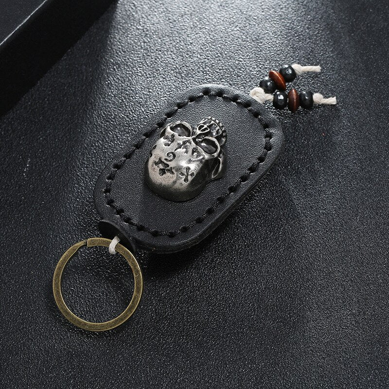 Vintage Double Layer Skull Leather Keychains