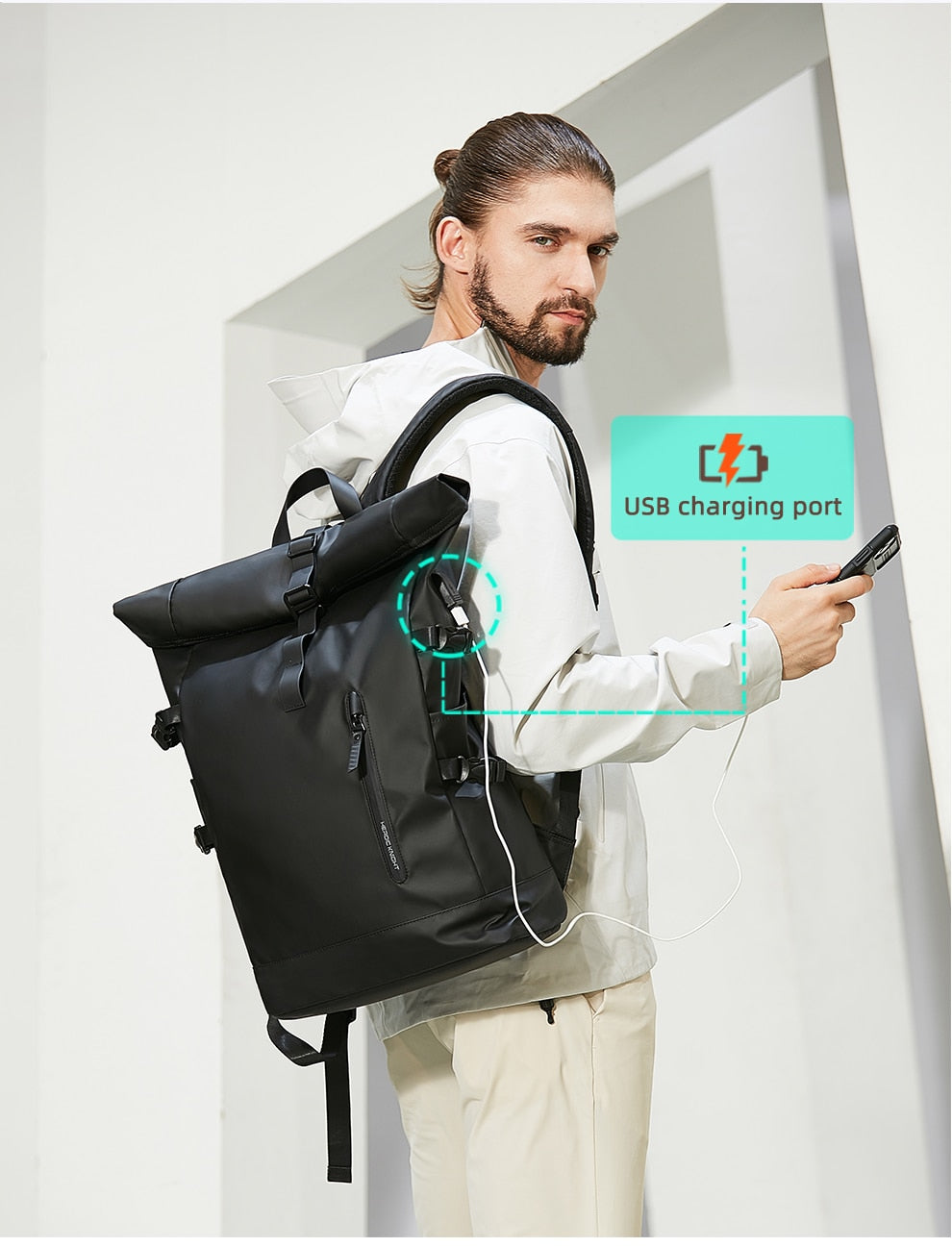 Black Waterproof USB Charging Backpack