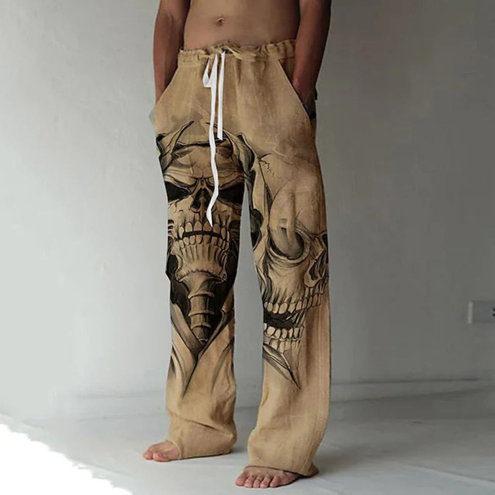 3D Print Elastic Drawstring Skull Design Straight Trousers