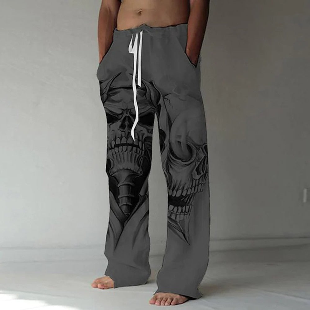 3D Print Elastic Drawstring Skull Design Straight Trousers