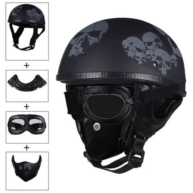 Printed Half Face Helmet With Removable Glasses and Mask