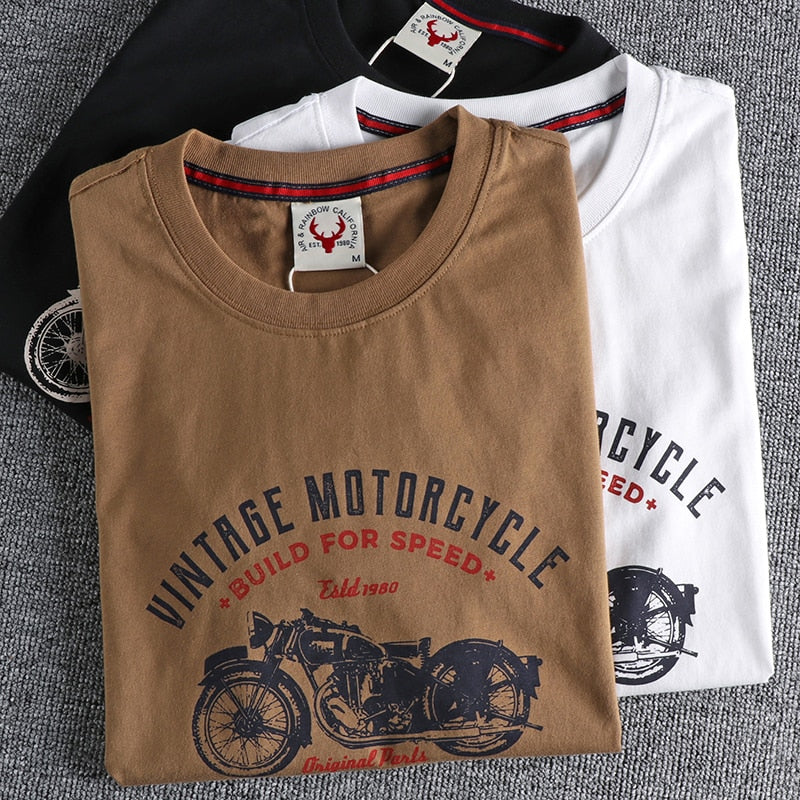 Retro Motorcycle Printed Washed T-shirt