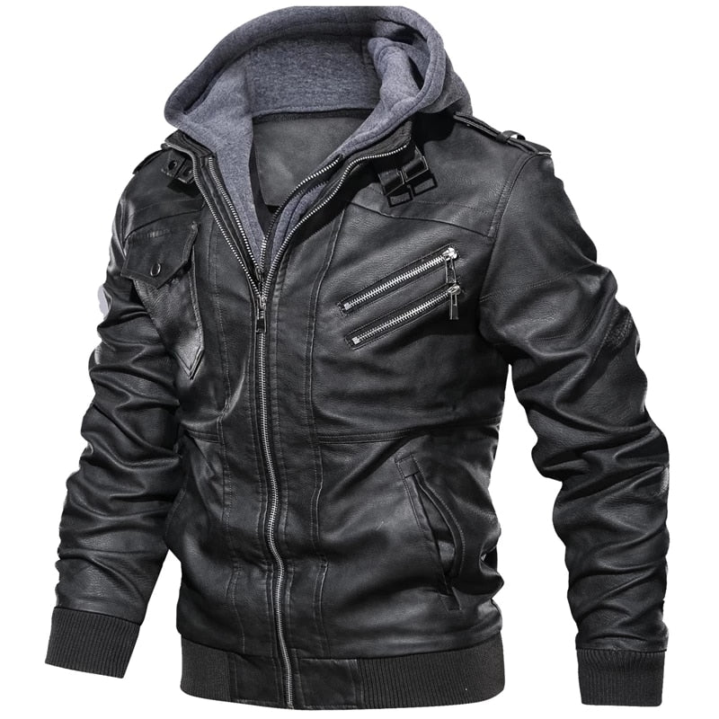 PU Leather Hooded Motorcycle Jacket