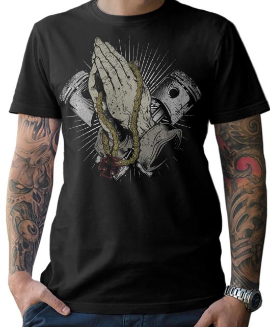 Black Praying Hands Cross Biker T-Shirt