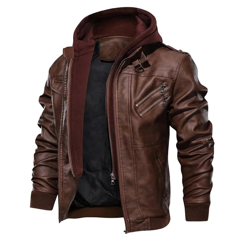 PU Leather Hooded Motorcycle Jacket