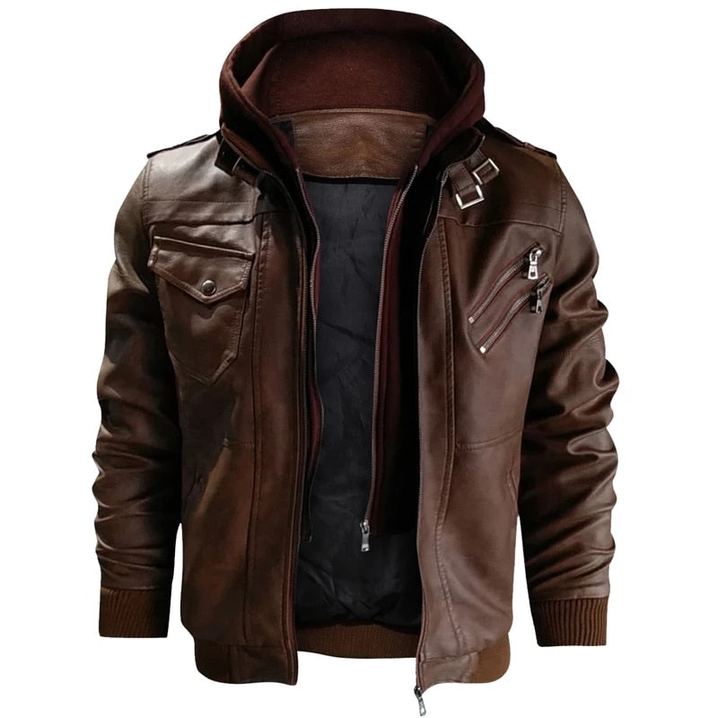 PU Leather Hooded Motorcycle Jacket