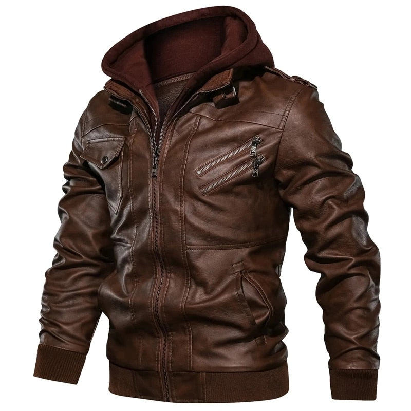 PU Leather Hooded Motorcycle Jacket