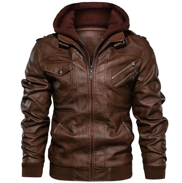 PU Leather Hooded Motorcycle Jacket