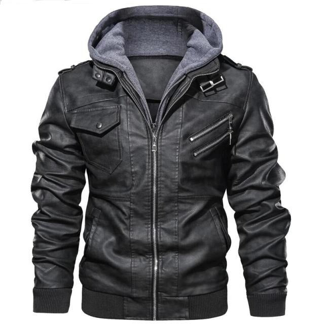 PU Leather Hooded Motorcycle Jacket