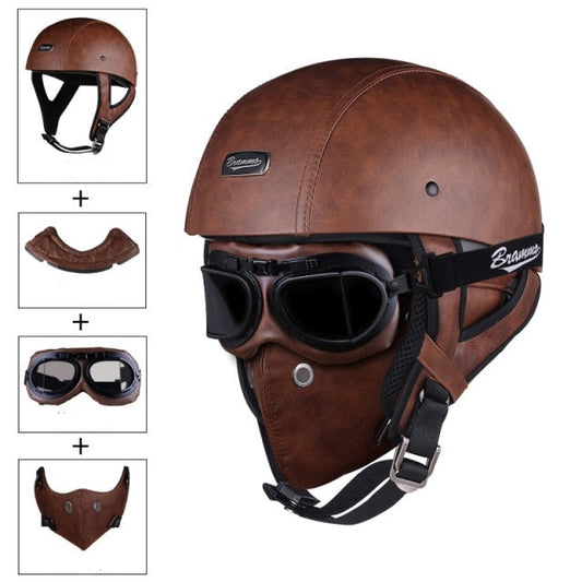 Vintage Half Face Helmet With Removable Glasses and Mask