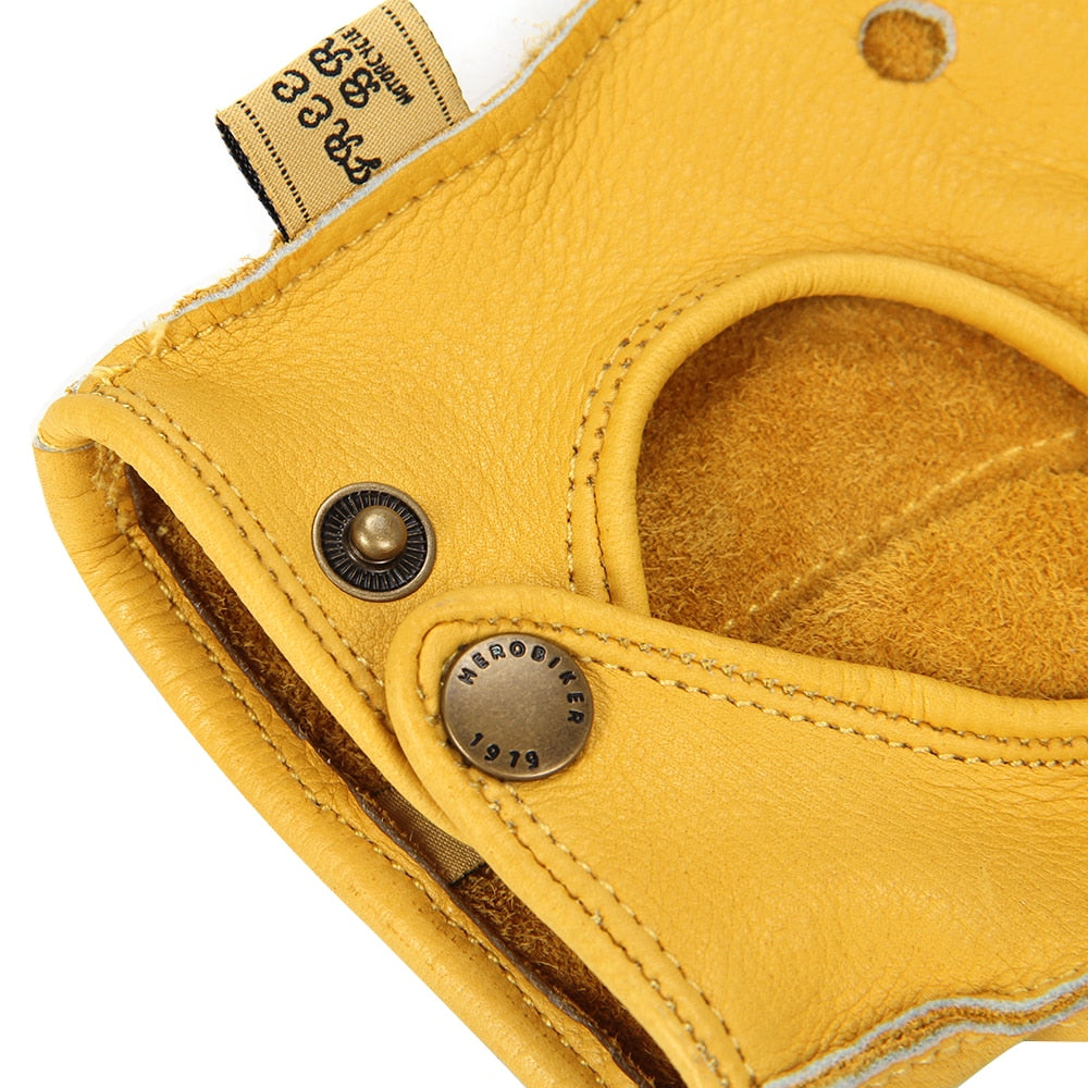 Yellow Goatskin Leather Finger Less Motorcycle Gloves