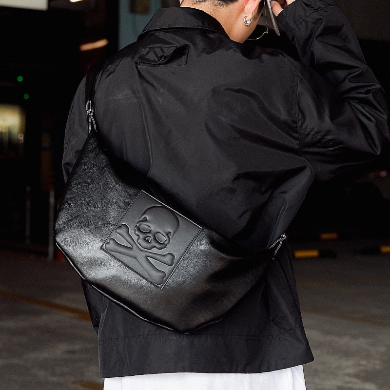 Black Leather Hip Hop Skull Chest Bag