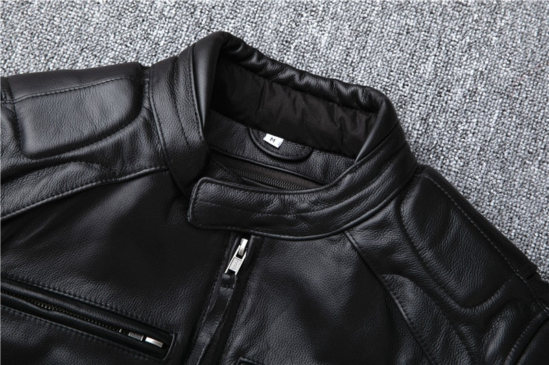 Black Genuine Cowhide Leather Motorcycle Jacket