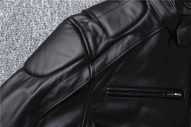 Black Genuine Cowhide Leather Motorcycle Jacket