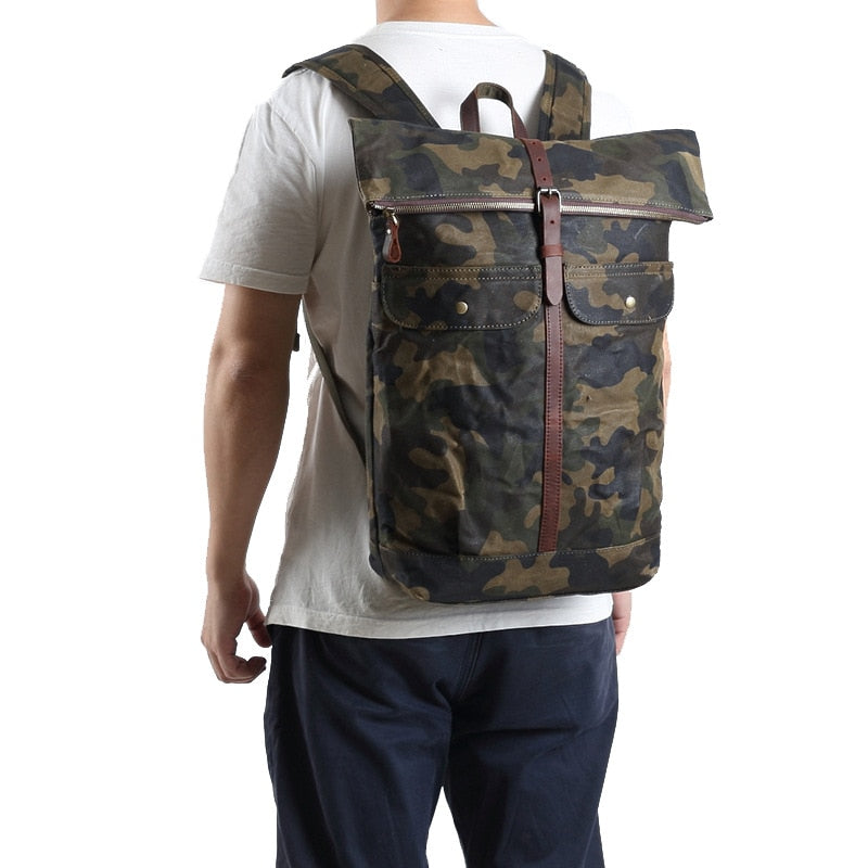 Canvas Leather Oil Wax Camouflage Backpack