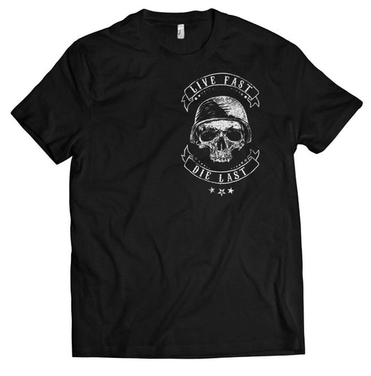 Black Biker Skull Live Fast Die Last T-Shirt