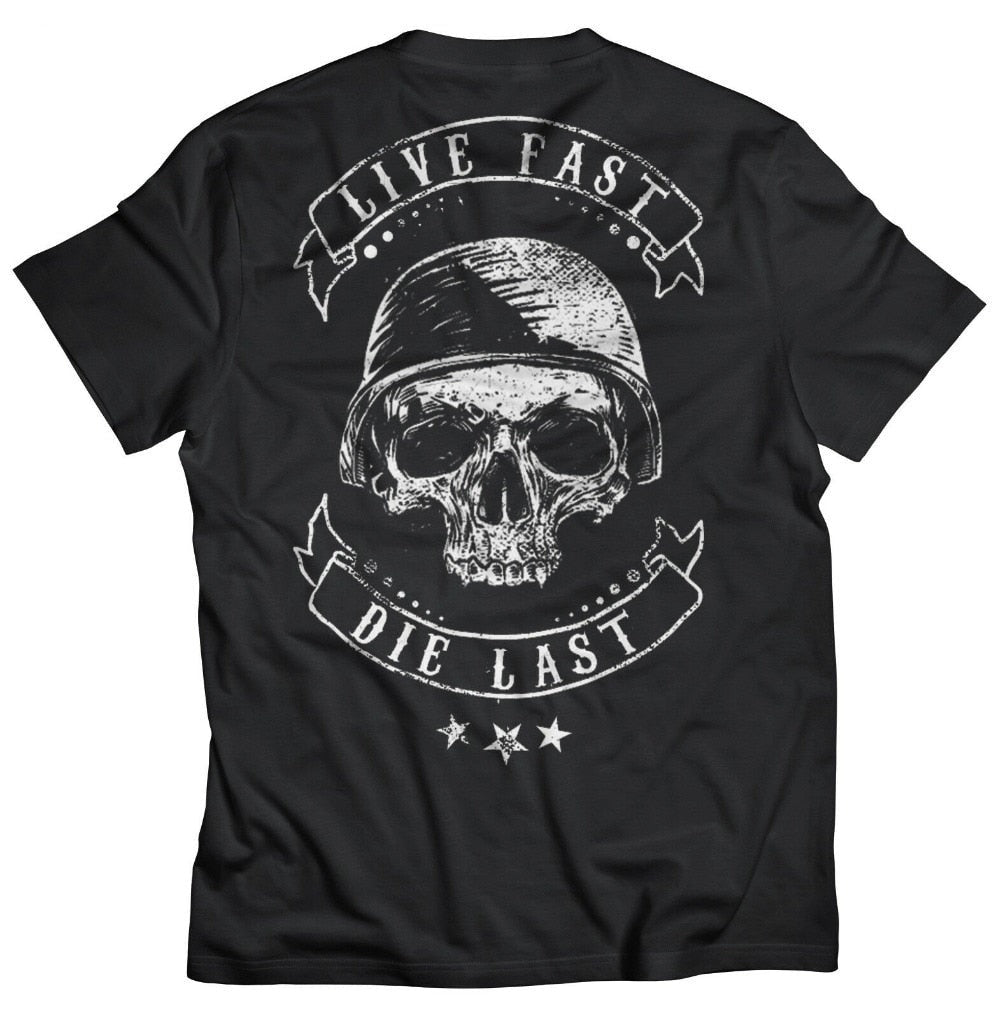 Black Biker Skull Live Fast Die Last T-Shirt