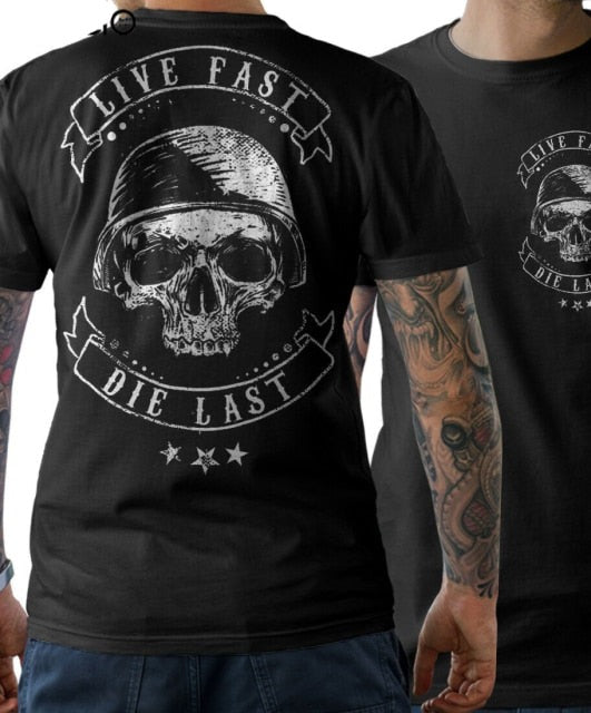 Black Biker Skull Live Fast Die Last T-Shirt