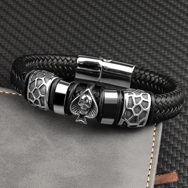 Braided Leather Spades Skull Head Bracelet