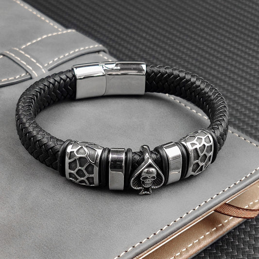 Braided Leather Spades Skull Head Bracelet