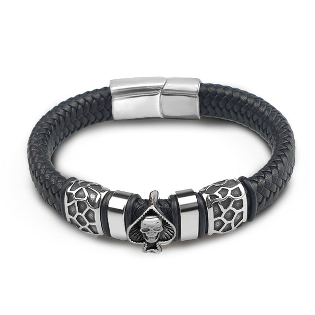 Braided Leather Spades Skull Head Bracelet