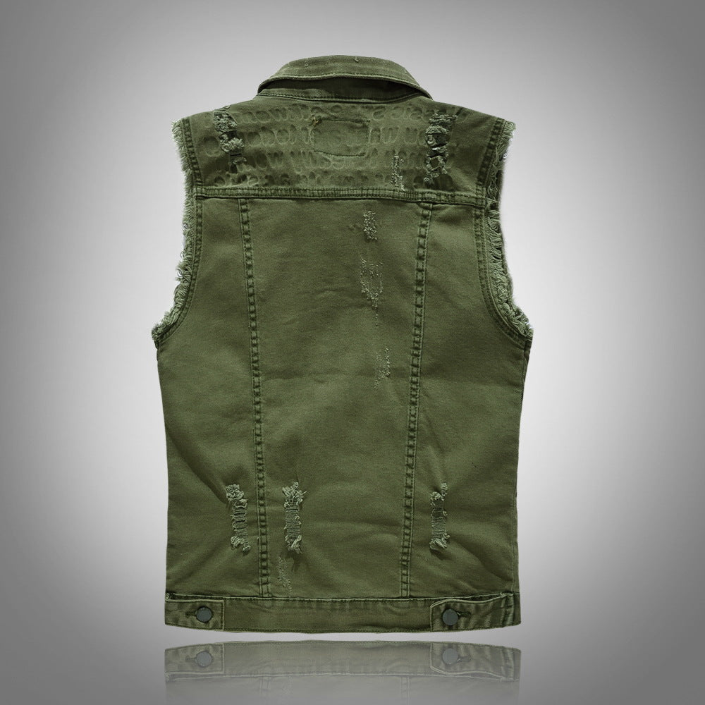 Green Slim Fit Ripped Denim Vest