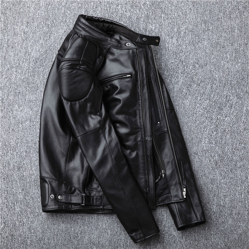 Black Genuine Cowhide Leather Motorcycle Jacket