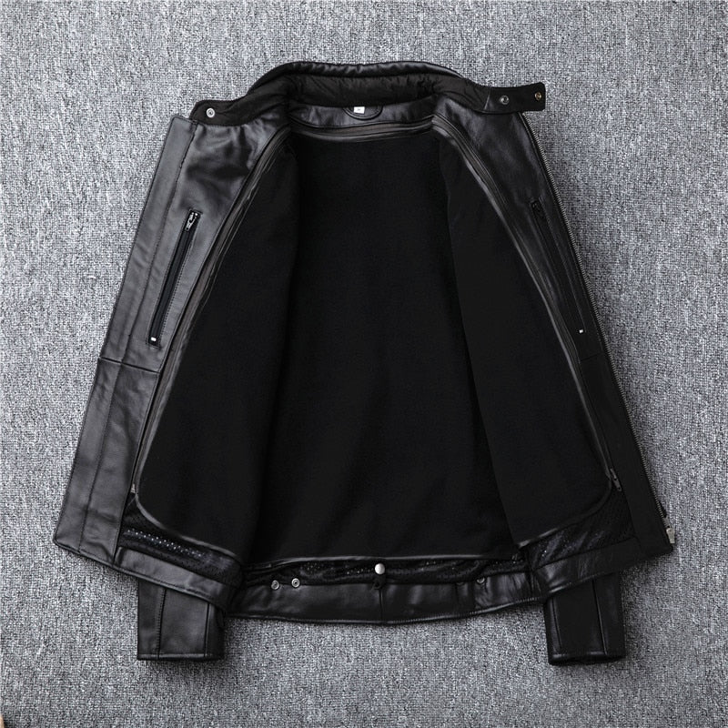 Black Genuine Cowhide Leather Motorcycle Jacket