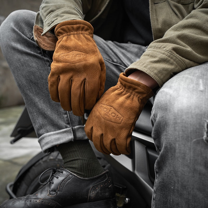 Brown Frosted Genuine Leather Motorcycle Gloves