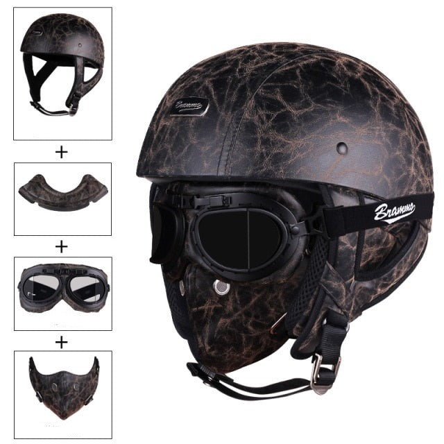 Vintage Half Face Helmet With Removable Glasses and Mask