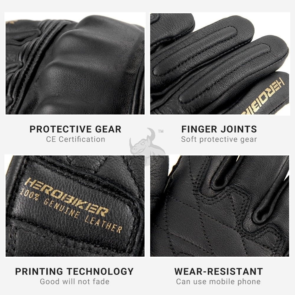 Black Motocross Genuine Leather Gloves