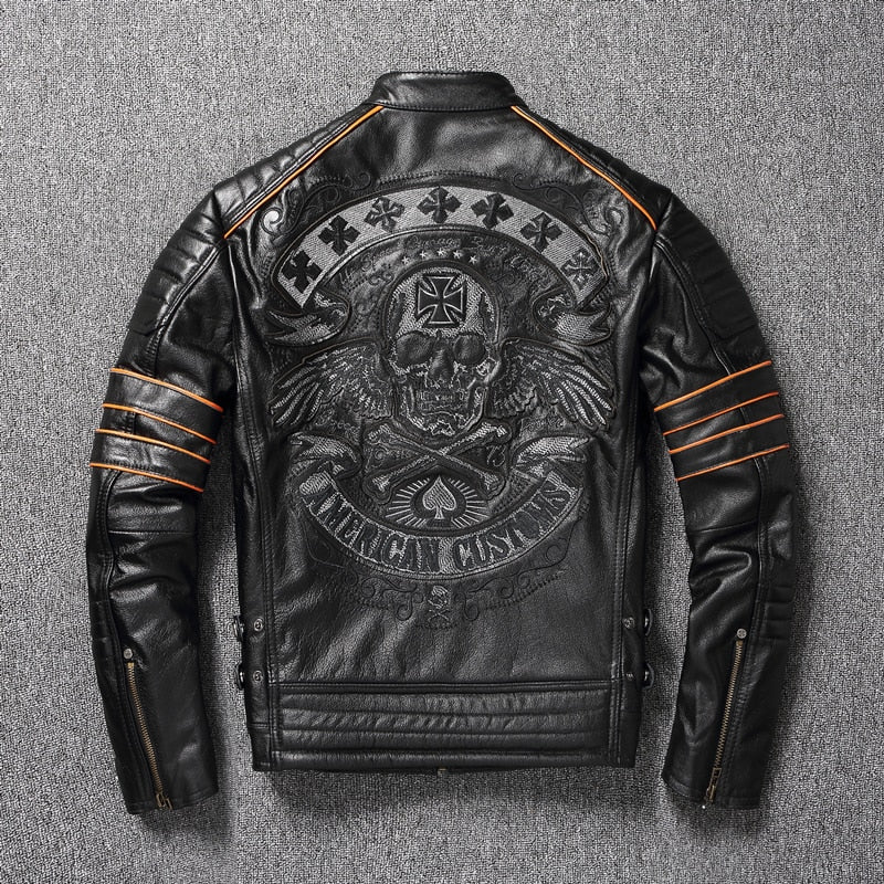 Black Leather Bike Leather Jackets With Skulls, Rivets, And