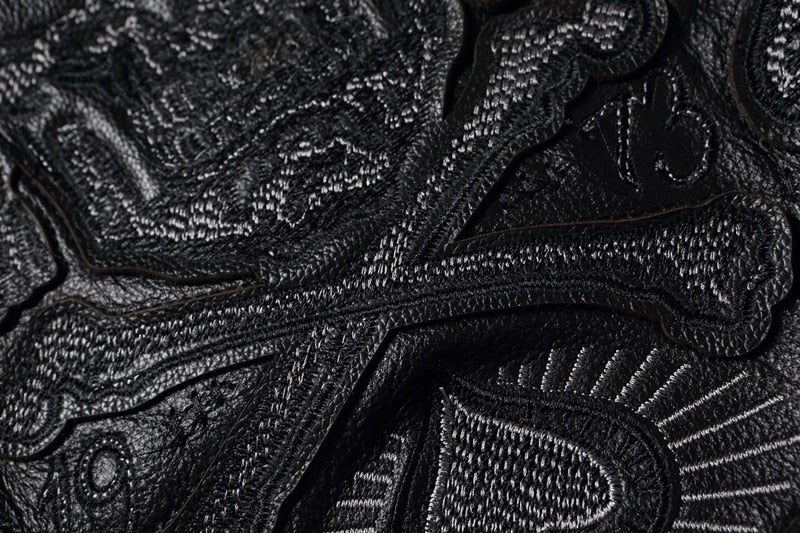 Black Genuine Leather Embroidered Skull Motorcycle Jacket