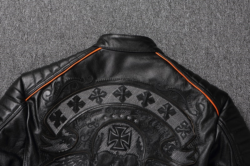 Black Genuine Leather Embroidered Skull Motorcycle Jacket