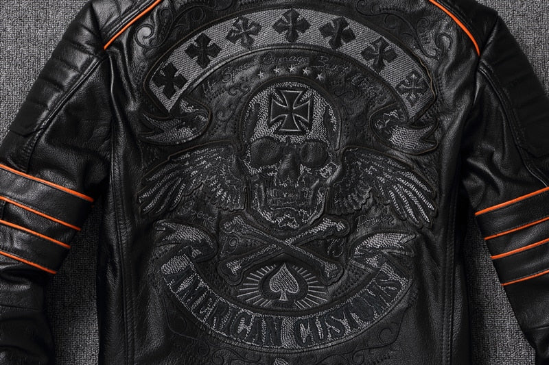 Black Genuine Leather Embroidered Skull Motorcycle Jacket