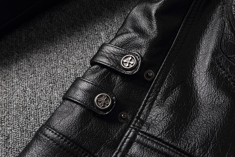 Black Genuine Leather Embroidered Skull Motorcycle Jacket