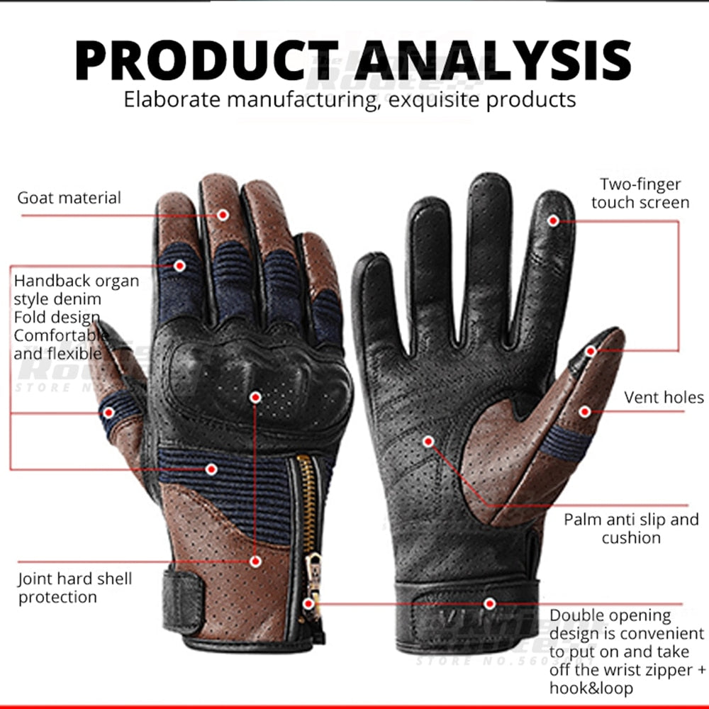 Retro Leather and Denim Motorcycle Gloves