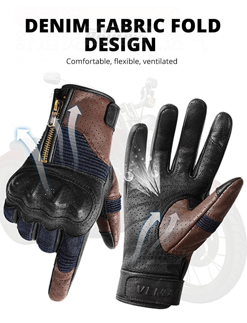 Retro Leather and Denim Motorcycle Gloves